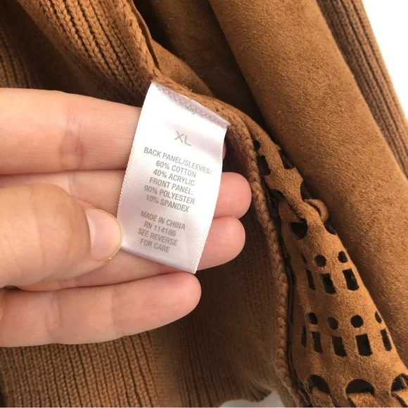 Westport 1962 embossed open cardigan faux suede knit sweater brown women’s XL - Picture 5 of 6